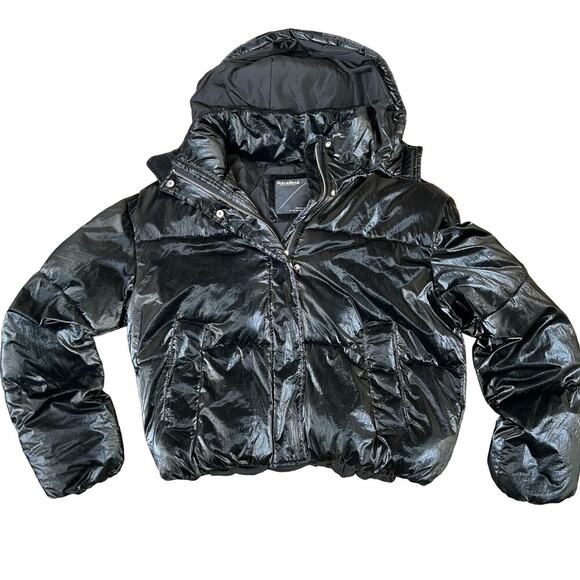 Pull&Bear puffer coat/jacket black wet look zip/button up women's SZ M hip hop - Picture 2 of 9
